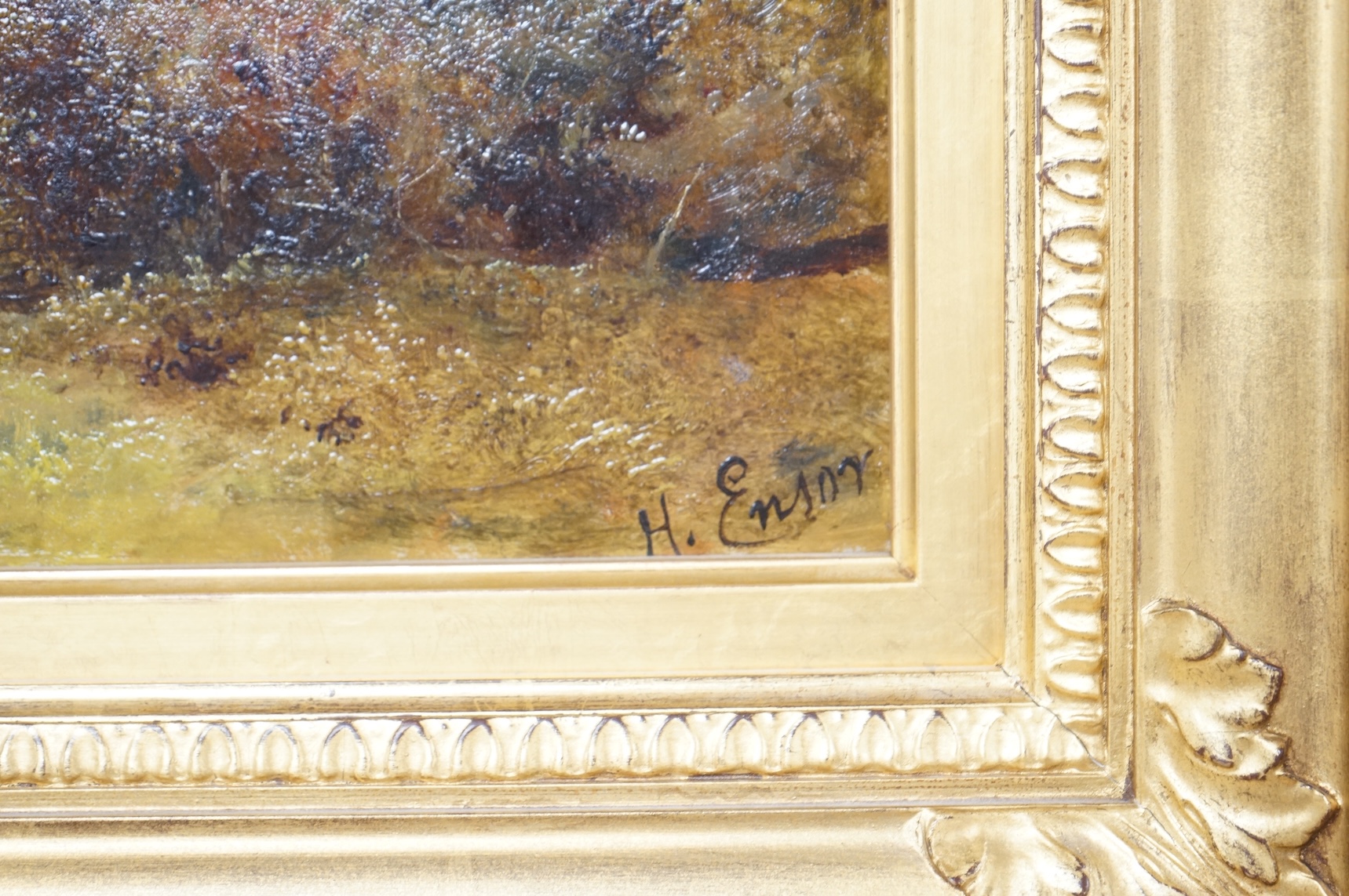 Mrs Henry M Ensor, Children playing in the water, signed, oil on board, June Elsworth paperwork verso, 29 x 44cm, ornate gilt frame
